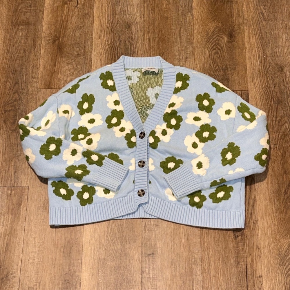 Callahan Knitwear Blue Floral Cotton Cardigan Sweater Size M Flower Power V-Neck